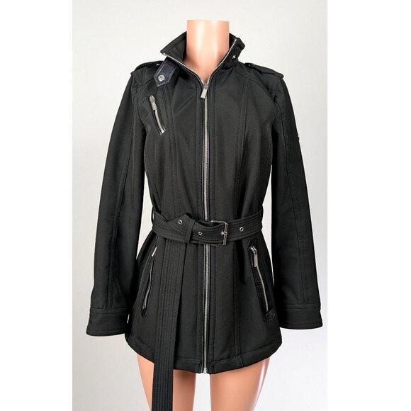 MICHAEL Michael Kors Black Belted Zipper Jacket size Small faux leather trim - Picture 1 of 16